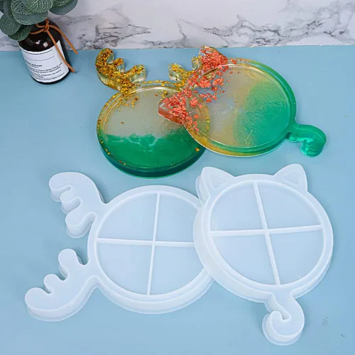 Vista 8 de Surakey Bandeja de silicona para gatos de Navidad, 1 molde de bandeja de resina, moldes de resina epoxi de silicona, posavasos para gato, alce