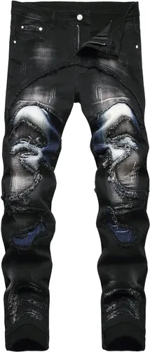 Vista 11 de Baylvn - Pantalones de mezclilla para hombre con diseño patchwork, ajustados y cómodos, estilo motociclista 3132 Camuflaje y azul