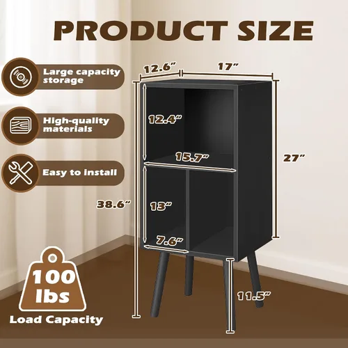 Vista 2 de Soporte para tocadiscos con almacenamiento de vinilo, soporte de madera para discos de vinilo de 3 niveles, gabinete para tocadiscos, soporte