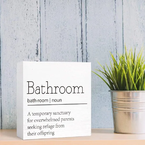 Vista 6 de Divertido letrero de madera para baño y aseo, decoración para baño - Letrero de bloque de madera de estilo granja