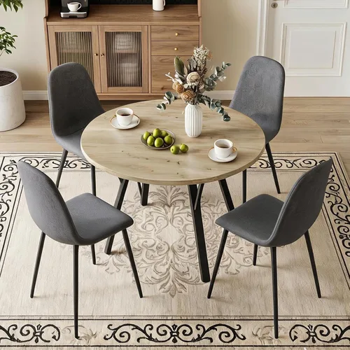 Vista 2 de Juego de mesa de comedor redonda para 4, mesa de cocina redonda rústica de 36 pulgadas y 4 sillas de comedor de lino y algodón gris oscuro, marco