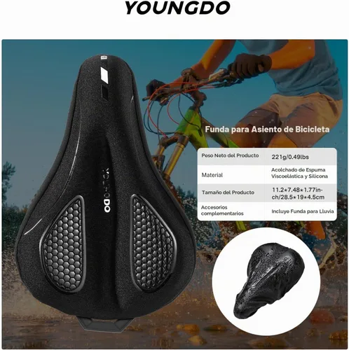 Vista 6 de YOUNGDO Cojín de asiento de bicicleta con funda impermeable, almohadilla de asiento de bicicleta de gel para sillín estrecho, absorción de golpes