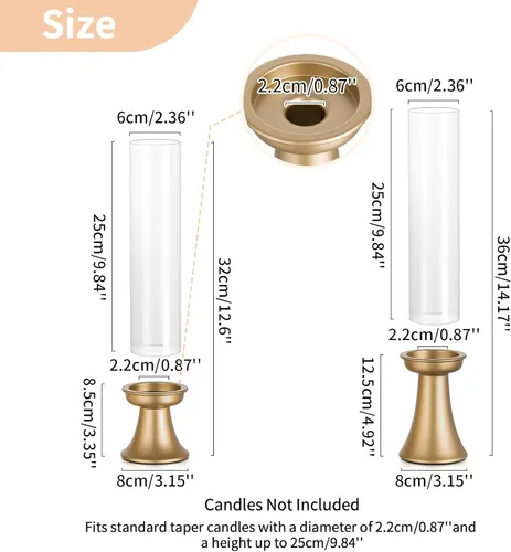 Vista 2 de NUPTIO - Candelabro dorado para centro de mesa: juego de 6 portavelas Hurricane cónicos con funda de cilindro de vidrio - soportes de velas a granel