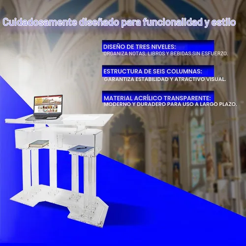 Vista 4 de Kingdom Atril acrílico o podio con base de 6 columnas y un estante central ancho con mucho espacio para tus necesidades de presentación