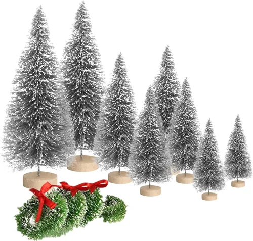 Vista 10 de 8 mini árboles de Navidad, árboles artificiales con base de madera, árboles de Navidad en miniatura de mesa con 4 coronas pequeñas de Navidad