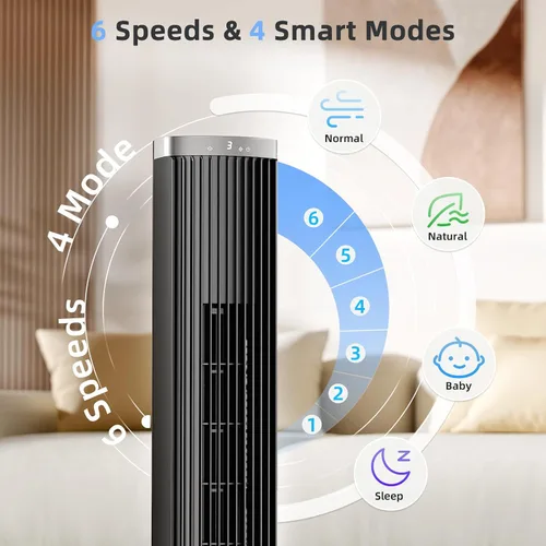 Vista 2 de COWSAR Ventilador de torre con control remoto, 6 velocidades, 4 modos, temporizador de 24 horas, oscilación de 60° para dormitorio, oficina, cocina