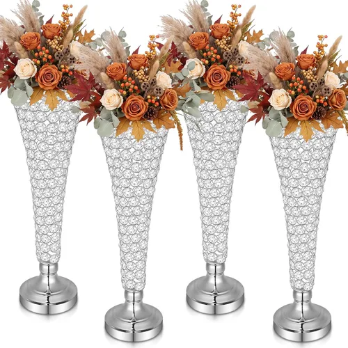 Vista 7 de Rtteri 4 jarrones de cristal de 20 pulgadas de alto para centros de mesa, boda, Navidad, jarrón de flores de trompeta de cristal metálico