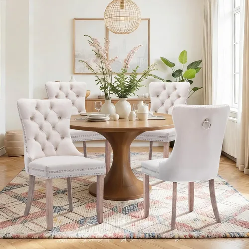 Vista 18 de Juego de 2 sillas de comedor de terciopelo con patas de madera, color beige Mid Century Modern Dining Chairs,Upholstered Chairs with Nailhead