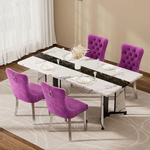 Vista 28 de Juego de mesa de comedor de 5 piezas con 4 sillas, mesa de comedor rectangular de madera de 71 pulgadas con sillas de comedor de terciopelo, tablero