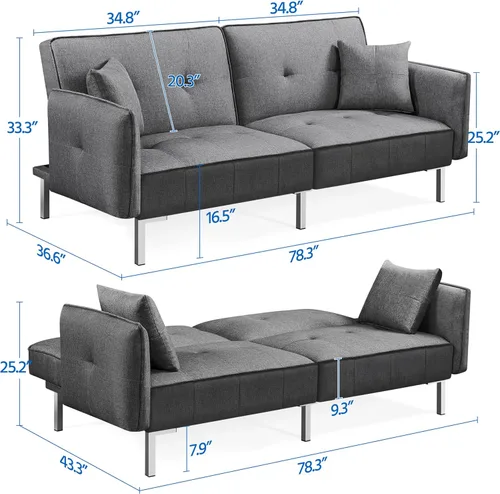 Vista 2 de Yaheetech Sofá cama, sofá cama, sofá convertible moderno, futón, sofás, cama, plegable, de tela de lino, sillón reclinable para sala de estar, gris