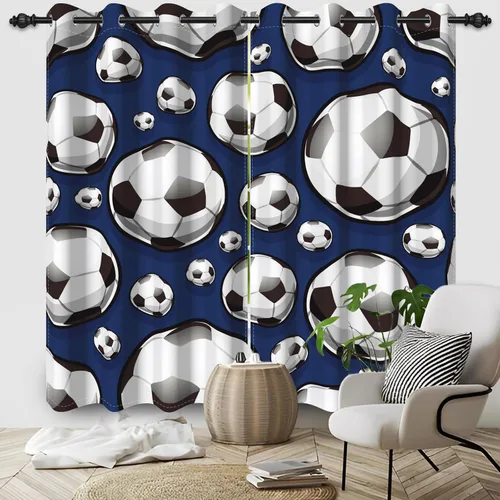 Vista 32 de Cortinas opacas de fútbol para dormitorio de niños, con temática deportiva, para sala de fútbol, cortinas de fútbol en blanco y negro