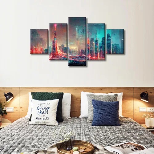 Vista 96 de Cuadros de 5 paneles de Cyberpunk City, arte de pared, representación de vallas publicitarias, edificios modernos en la capital con obras de arte