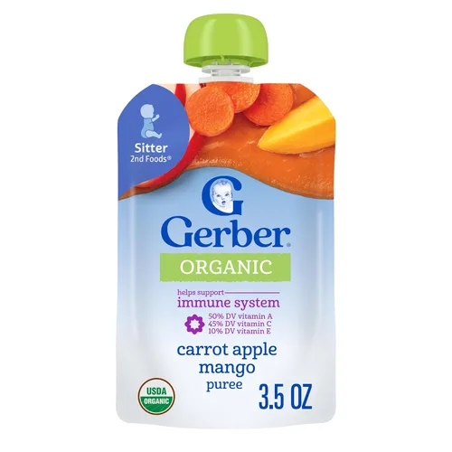 Vista 13 de Gerber Alimento para bebés etapa 2, mango orgánico de zanahoria y manzana, bolsas de comida para bebés, bolsas de puré, vitamina A, C y E ayuda a