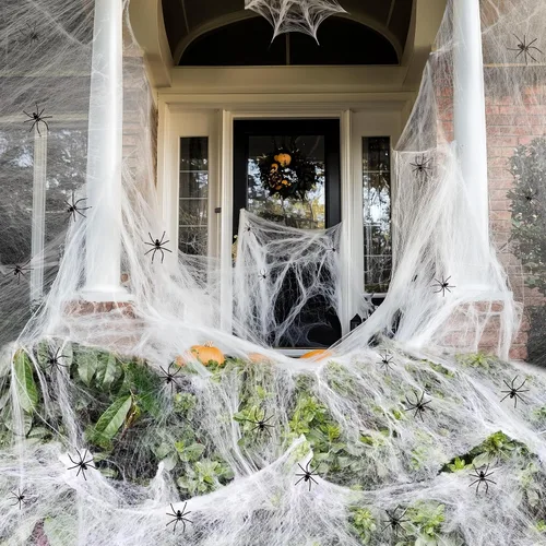 Vista 2 de 1000 pies cuadrados de telarañas de Halloween, decoración con 30 arañas falsas, telarañas superelásticas para suministros de fiesta de Halloween