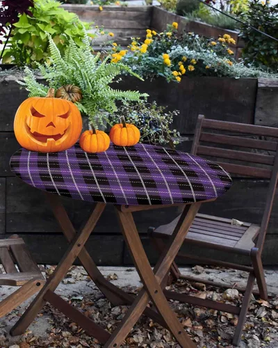 Vista 42 de Mantel ajustado para mesa redonda, mantel de otoño con hojas de otoño y calabaza de Acción de Gracias con borde elástico, mantel impermeable de Beige