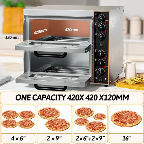 Vista 6 de Shikha Horno de pizza comercial de 16 pulgadas, máquina eléctrica de doble capa para hacer pizza con piedra, temporizador de acero inoxidable