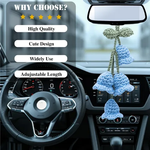 Vista 5 de Accesorios para colgar espejos de automóvil, colgante de flor de lirio tejido hecho a mano, bonita decoración colgante de ganchillo para espejo
