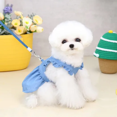 Vista 2 de Vestido para perro, falda de lujo, ropa de princesa, vestidos de boda, noche, falda tutú, falda de mezclilla para perro pequeño, niña, azul claro, XS