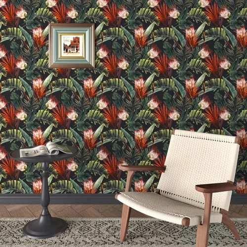 Vista 3 de Papel tapiz tropical oscuro para despegar y pegar, papel de contacto vintage de hoja de plátano, papel tapiz de selva mojado, papel tapiz de hojas