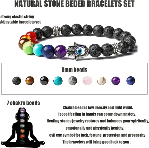 Vista 2 de BOMAIL Juego de 2 a 9 pulseras de mal de ojo Hamsa con piedras preciosas de lava de 7 chakras, pulseras de piedras de lava con dije de Hamsa de ojo