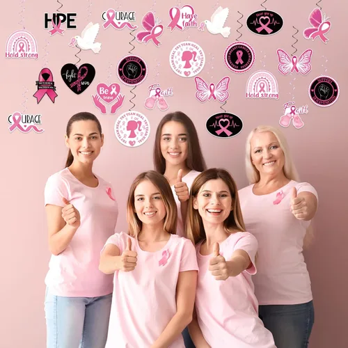 Vista 7 de 60 piezas de remolinos de fiesta de concientización sobre el cáncer de mama, cinta rosa, remolinos colgantes, esperanza, fuerza, coraje, fe, negro
