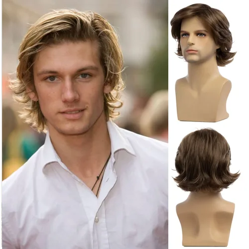 Vista 14 de Peluca negra corta y rizada para hombre, peluca sintética para cosplay, con gorra de peluca