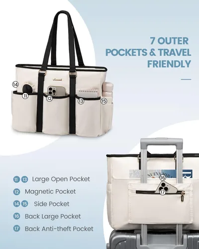 Vista 4 de LOVEVOOK bolso tote vintage para laptop para mujer, Beige-Negro, 15,6 pulg., Moda