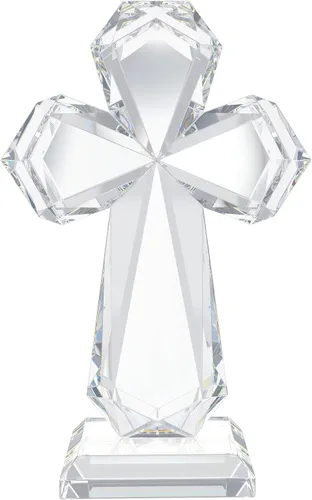 Vista 12 de YWHL Cruz de pie de cristal champagne, regalos religiosos para mujeres y hombres, figuras coleccionables de cruz de Pascua de vidrio hechas a mano
