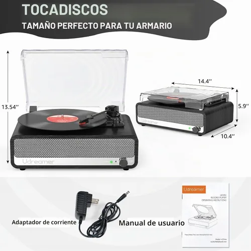 Vista 7 de Vinyl Record Player with Speakers, 3 Speed Turntable with Mirror, Black Negro