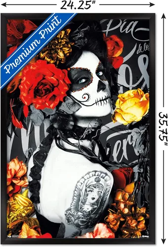 Vista 3 de Trends International Día De Los Muertos - Póster de pared de tatuaje, 22.375 x 34 pulgadas, versión enmarcada en negro Versión con marco negro