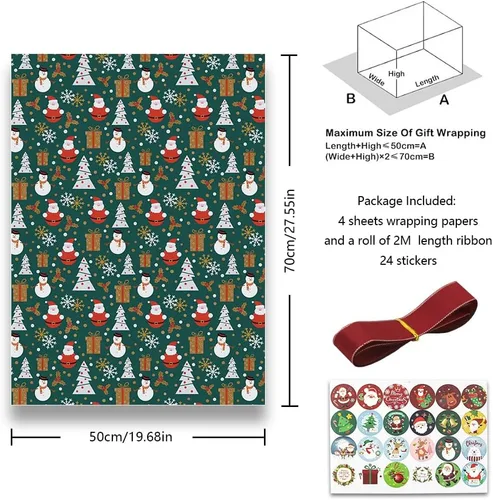 Vista 2 de Hojas planas plegadas de papel de regalo de Navidad (30 x 20 pulgadas por hoja, 4 hojas, 4 diseños: 15 pies cuadrados ttl) con cinta de borde dorado