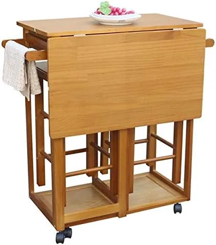 Vista 3 de Juego de mesa de comedor de 3 piezas con ruedas, 2 cajones, 2 sillas cuadradas, hoja plegable, mesa de cocina pequeña (marrón)