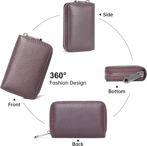 Vista 5 de GEEAD Tarjetero de cuero genuino RFID para mujeres y hombres con cremallera para tarjetas pequeñas carteras, Púrpura, Minimalista