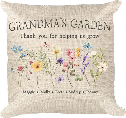Vista 2 de Almohada personalizada con diseño de flores silvestres del jardín de la abuela con nombres de nietos, regalo de apellido familiar, perfecta