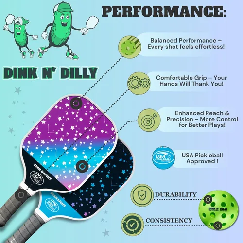 Vista 7 de Dink N' Dilly Pickleball Paddle USAPA Approved Lightweight with Cushion Grip, Ideal for All Skill Levels, Premium Quality Paddle and Balls for 2