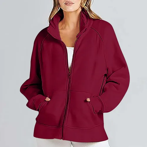 Vista 2 de Ceboyel Sudaderas con capucha y cremallera para mujer, a la moda, color sólido, sudadera holgada con cremallera, ropa de moda cómoda