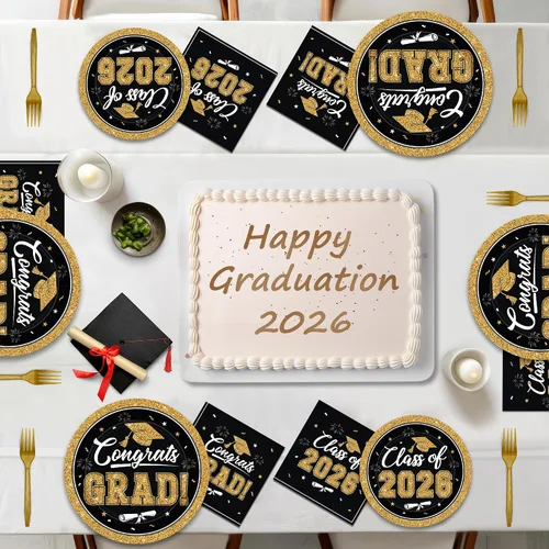 Vista 6 de QZYL 200 suministros para fiesta de graduación 2026, platos y servilletas de graduación negros y dorados, platos de postre desechables y tenedores