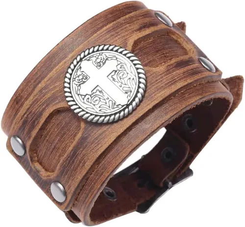 Vista 6 de NIGHTCRUZ Pulsera ancha de cuero con cruz, brazalete de puño de cuero medieval para hombres
