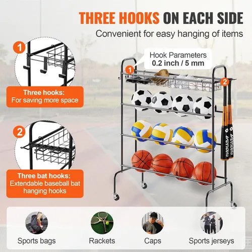 Vista 4 de VEVOR Rolling Sports Ball Storage Cart, Lockable Basketball Cage with Double Lids, Sport Equipment Holder Organizer for Indoor Outdoor, Steel