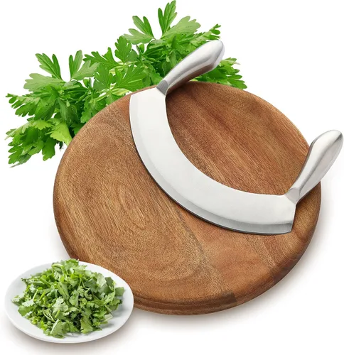 Vista 6 de Cuchillo Mezzaluna de 8.7 pulgadas con tabla de cortar de madera, cortador de ensalada de acero inoxidable, cortador de pizza, cuchillo basculante