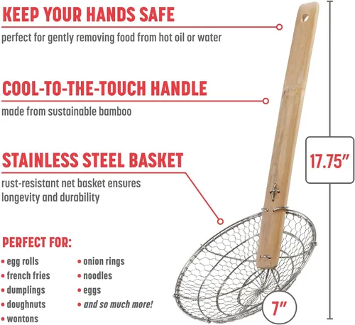 Vista 2 de Joyce Chen Kitchen Spider Strainer - Cesta de alambre de acero inoxidable de 7 pulgadas con mango de bambú resistente al calor