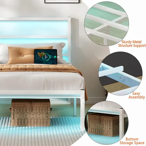 Vista 5 de CLIBFENG Base de cama individual con cabecero, soporte de listones de acero resistente, marco de cama LED con estación de carga USB, base de colchón