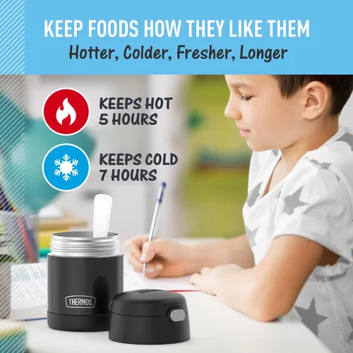 Vista 5 de THERMOS Funtainer - Tarro de alimentos aislado de 10 onzas, tarro de comida para niños con cuchara plegable, color negro
