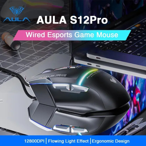 Vista 7 de AULA S12Pro - Mouse para juegos con cable, 12800 DPI óptico gamer con retroiluminación RGB, 8 botones programables, software compatible con teclas