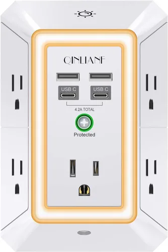 Vista 11 de QINLIANF cargador USB de pared, protector contra sobrecargas, extensor de 5 tomas con 4 puertos de carga USB (4.8 A en total), 3 lados, 1,680 J