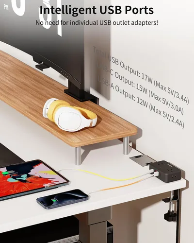 Vista 4 de Regleta de alimentación de abrazadera de escritorio con 4 salidas y 4 USB, cable de extensión de 6 pies para el hogar Desktop Mount Charging