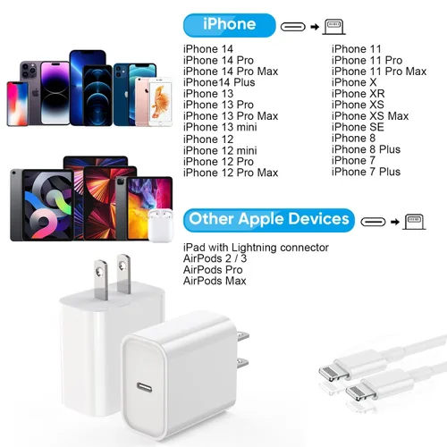 Vista 4 de Cargador rápido para iPhone, Cargador rápido para Phone 14 13 12 11 USB C de pared con 2 cables de carga rápida de 6 pies compatible con iPhone