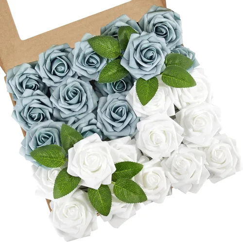 Vista 10 de Flores artificiales, 25 piezas, rosa artificial azul bebé para ramos de boda, centros de mesa, arreglos, flor falsa con tallos para decoración