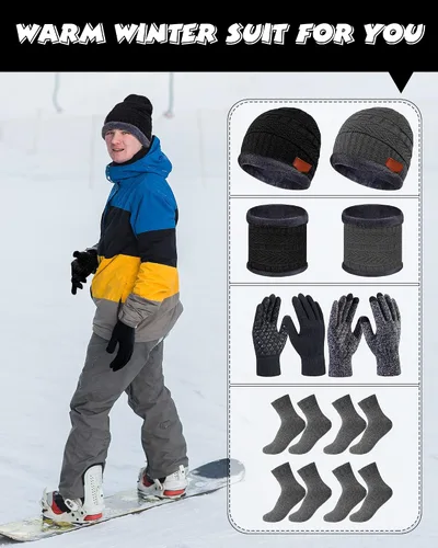 Vista 5 de 8 piezas de gorro de invierno, bufanda, guantes de pantalla táctil y juego de calcetines de punto holgado, gorro de calavera con forro polar