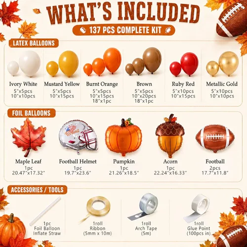 Vista 2 de Fall Football Party Balloon Arch Kit,137Pcs Autumn Burnt Orange Ruby Red Fall Season